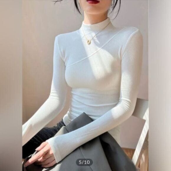 Commense Tops - Commense white stretchy mock Neck Long sleeve  seamed detail Top NWT